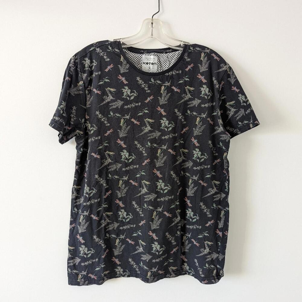 Koton Men's Botanical Print Slim Fit T-Shirt, Size XL, Dark Navy Casual Wear